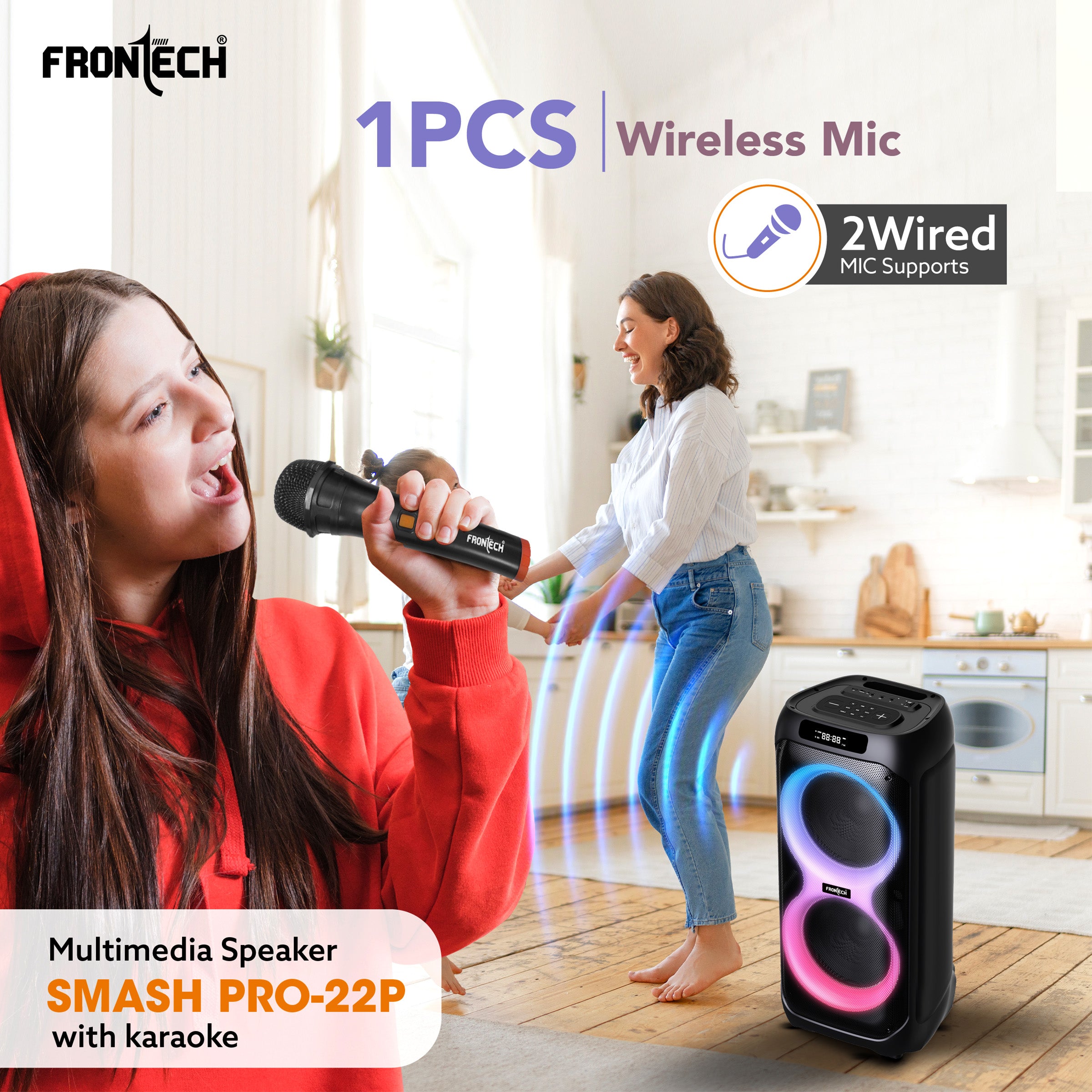 FRONTECH SMASH PRO-22P 100W Portable Party Speaker | True Wireless| Karaoke Function with Wireless Mic | RGB LED Disco Lighting | Bluetooth 5.0 | FM Radio| USB, TF, AUX| Type-C Charging Port | 1 Year Limited Warranty (SW-0022P) FRONTECH SMASH PRO-22P 100W Portable Party Speaker | True Wireless| Karaoke Function with Wireless Mic | RGB LED Disco Lighting | Bluetooth 5.0 | FM Radio| USB, TF, AUX| Type-C Charging Port | 1 Year Limited Warranty (SW-0022P)